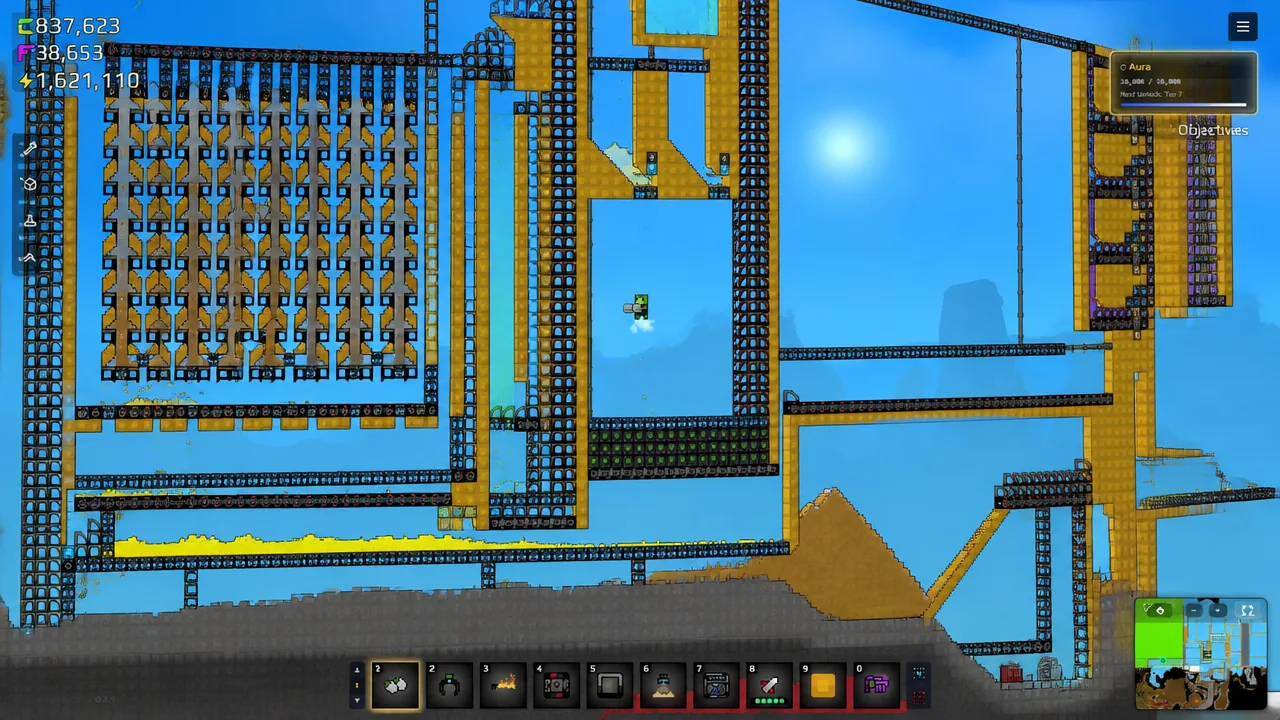 Sandustry factory view with the second hotbar slot selected while placing a machine