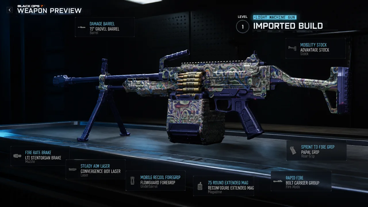 Mammoth LMG in the weapon preview screen with all eight attachment slots filled in
