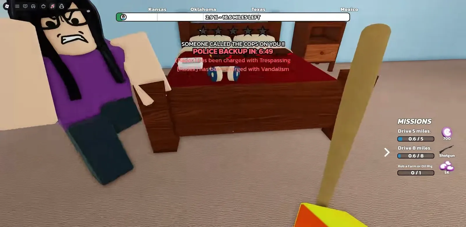 First-person view of a player using a bat on bedroom furniture as a police backup timer counts down