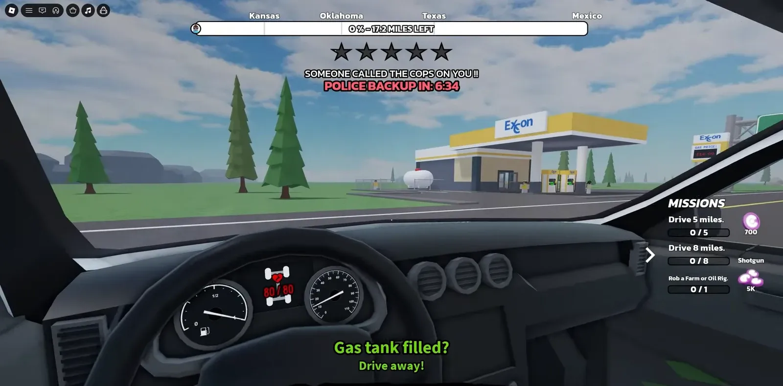 Car cockpit view confirms a filled gas tank while driving away from an Exxon station