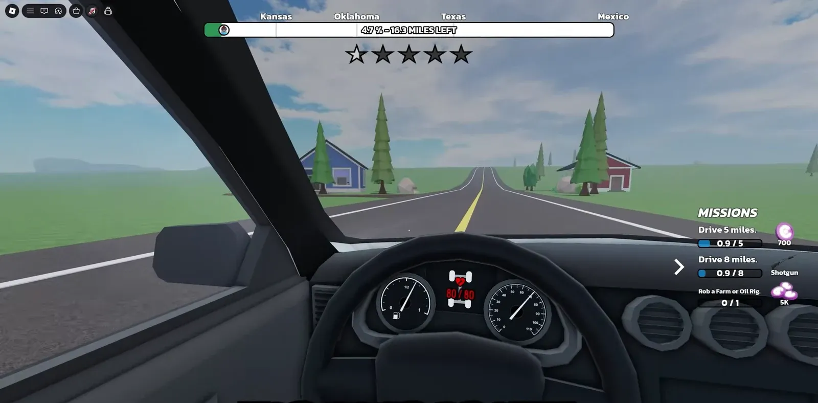 First-person driving view heading toward Texas with missions to drive miles and rob a farm or oil rig