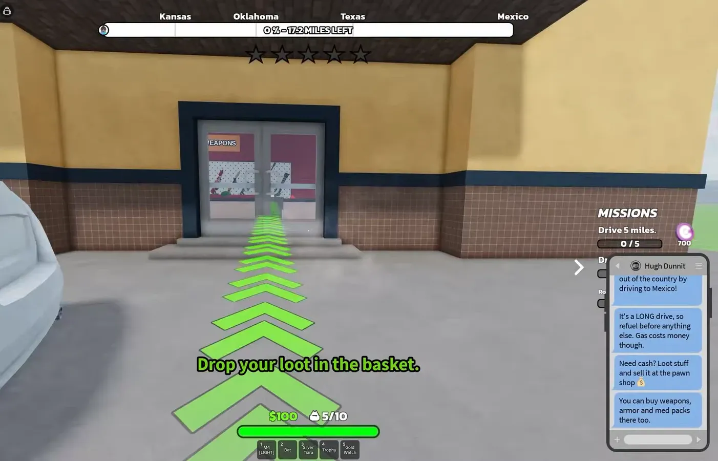 Green arrows point toward the shop entrance with an instruction to drop loot in the basket