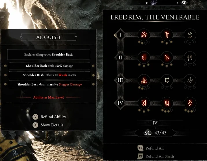 Eredrim skill tree with the Anguish ability maxed out and Shoulder Bash highlighted
