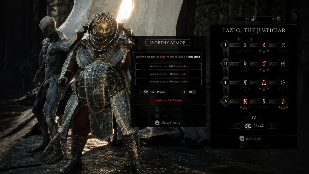 Lazlo the Justiciar shell menu with the Worthy Armor perk selected and its upgrade levels listed