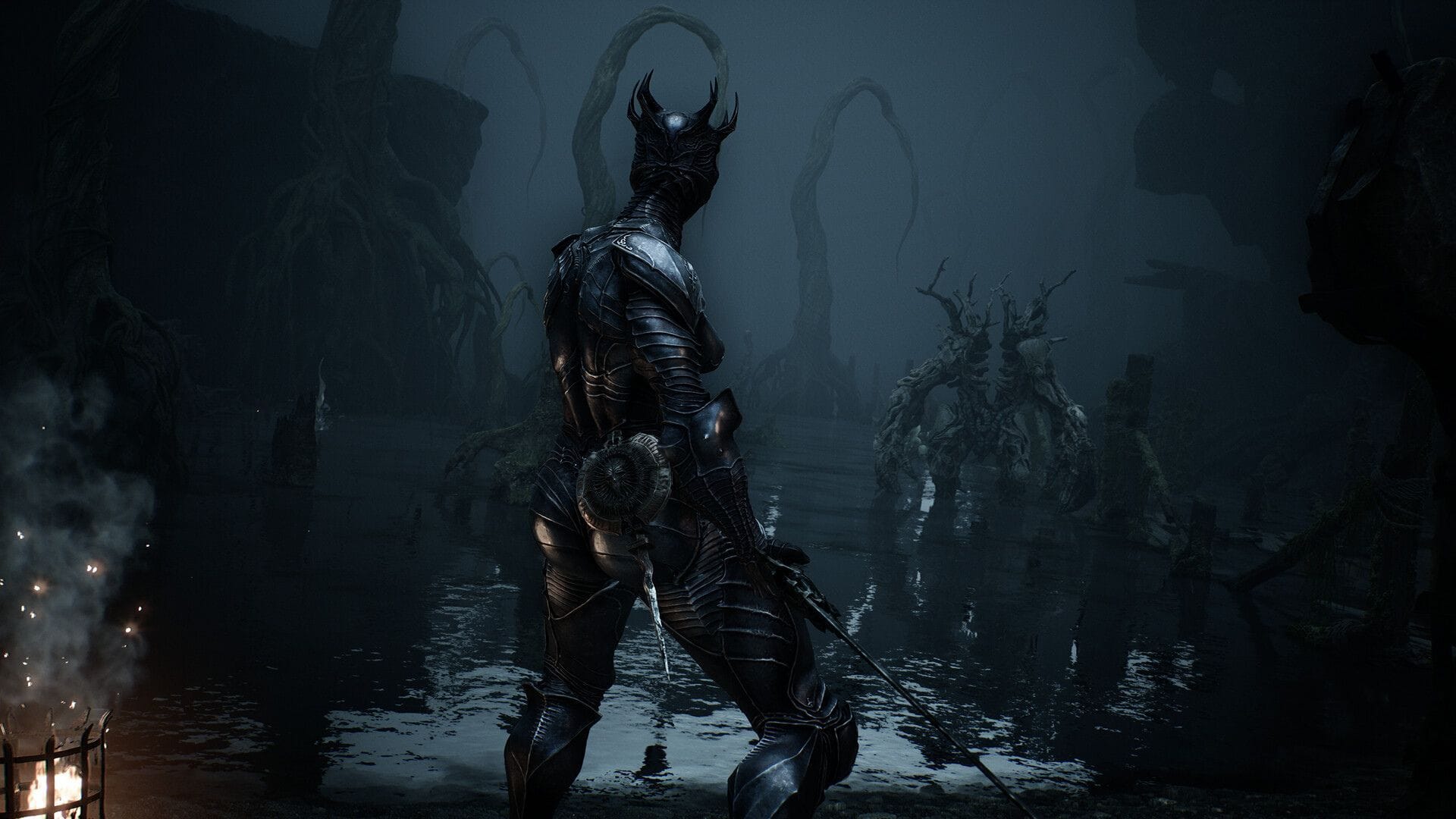 Proxima mid-fight in Mortal Shell 2, closing distance on an enemy before committing to a charged attack
