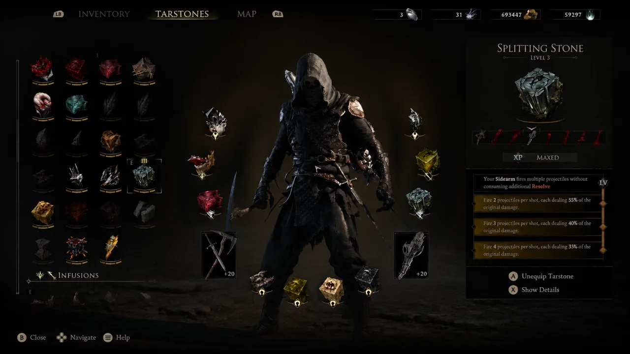 Tarstones menu with Splitting Stone at Level 3 selected, showing its multi-projectile description