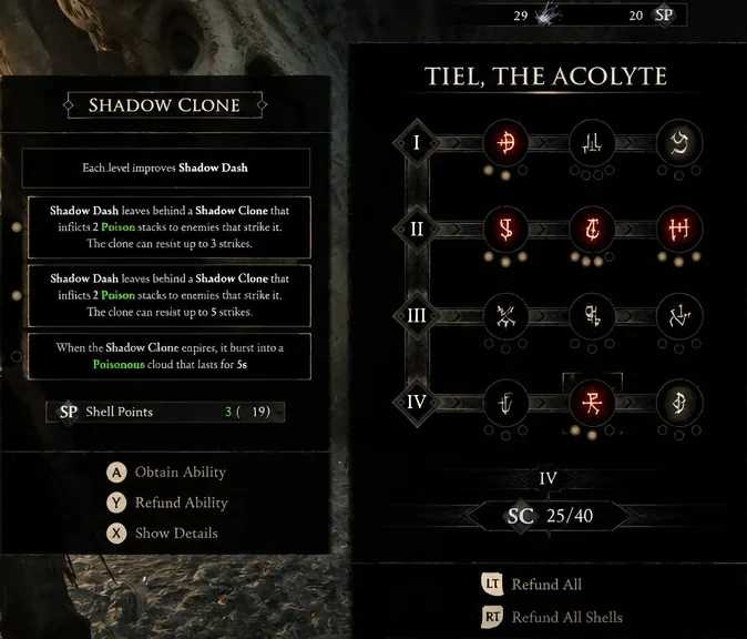 Tiel, the Acolyte ability screen with Shadow Clone selected and its upgrade tiers listed