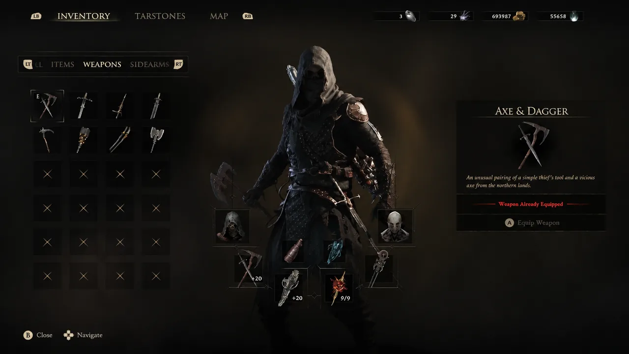 Inventory Weapons tab with Axe & Dagger selected and marked as equipped