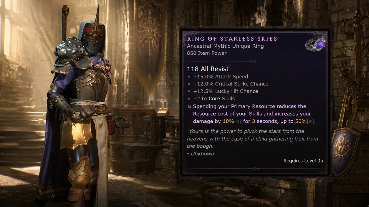 Ring of Starless Skies item detail panel showing its stats and legendary effect