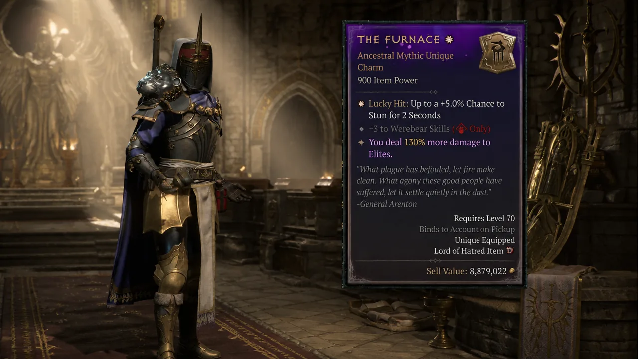 The Furnace item tooltip showing its Mythic Unique Charm stats and effects