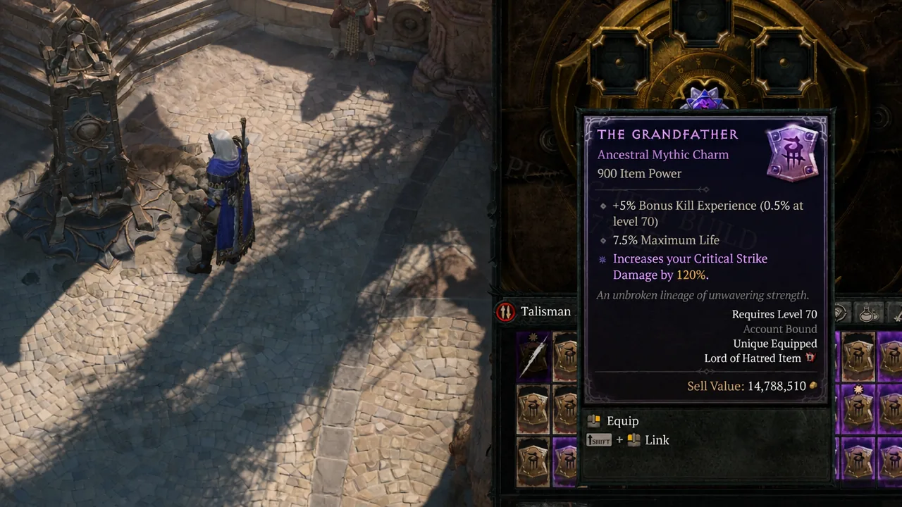 The Grandfather Mythic Charm highlighted in the Talisman inventory