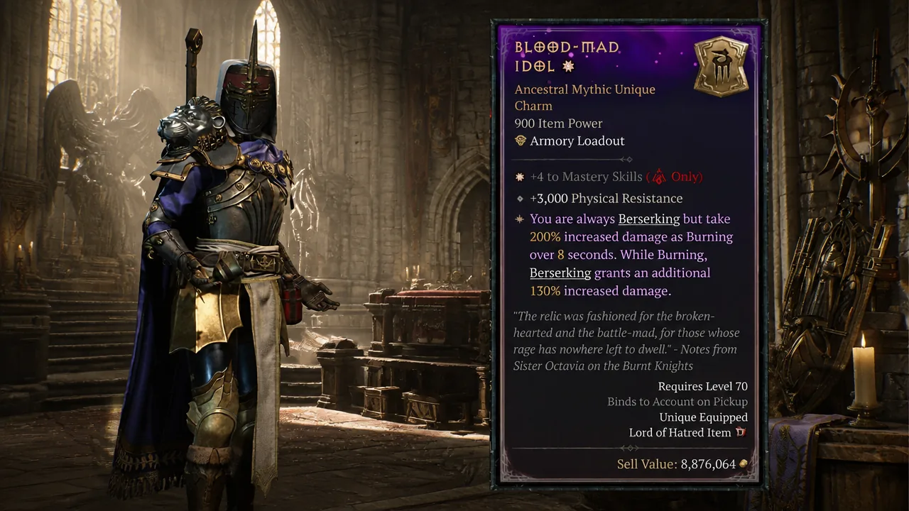 Blood-Mad Idol item tooltip showing its Mythic Unique Charm stats, effects, and requirements
