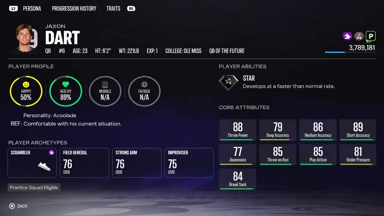 Jaxon Dart Stats - Madden 27