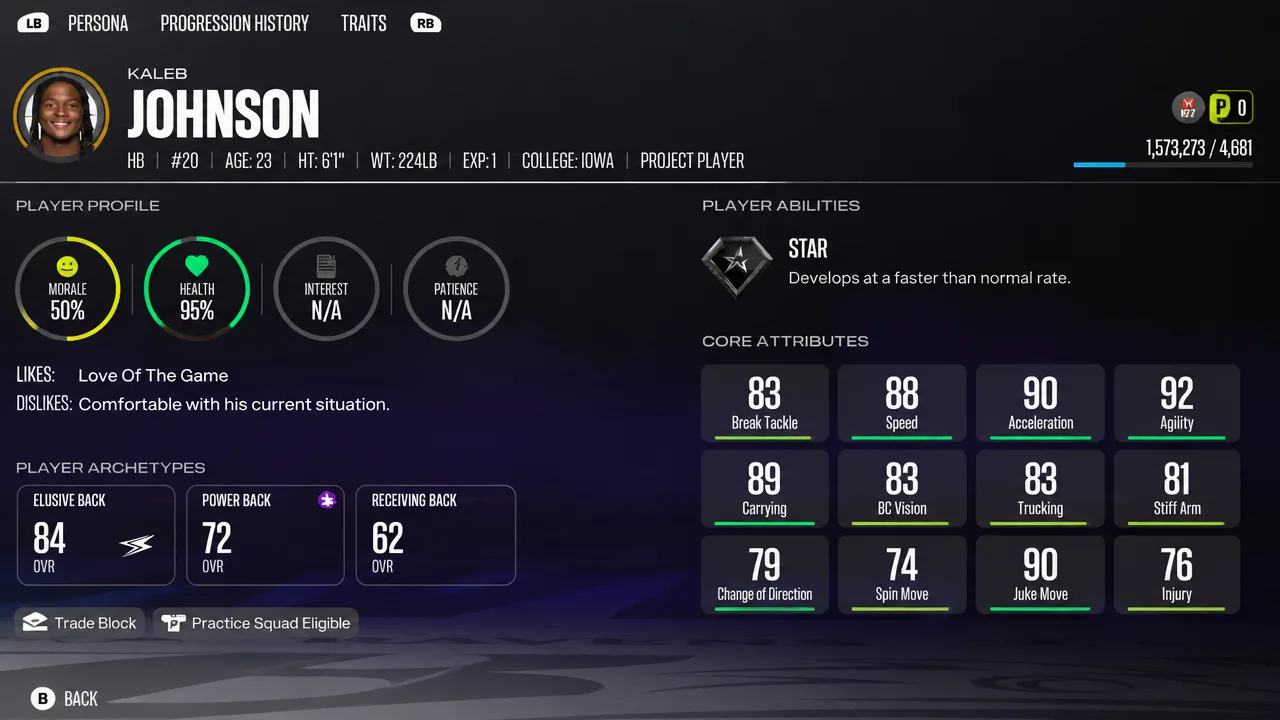Kaleb Johnson Stats - Madden 27