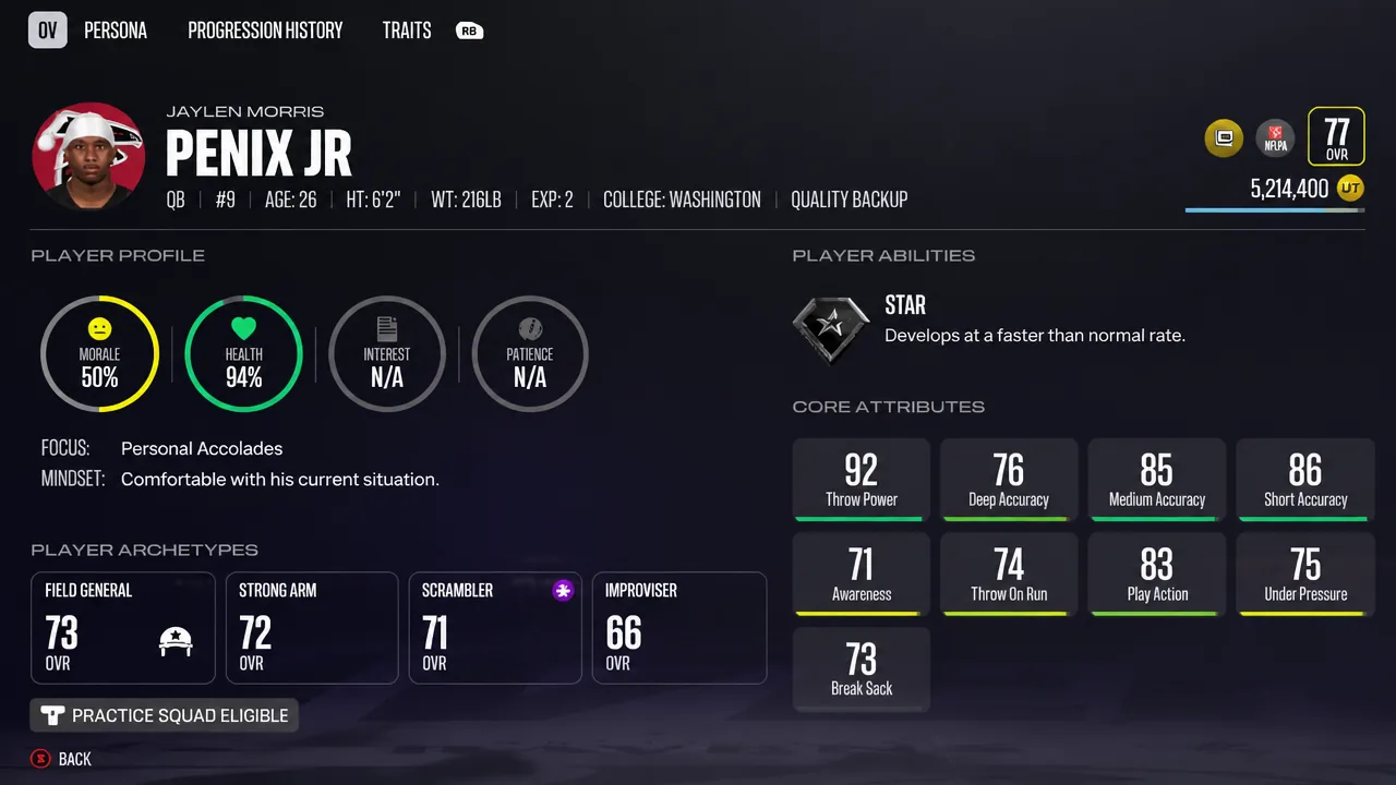 Penix Jr Stats - Madden 27