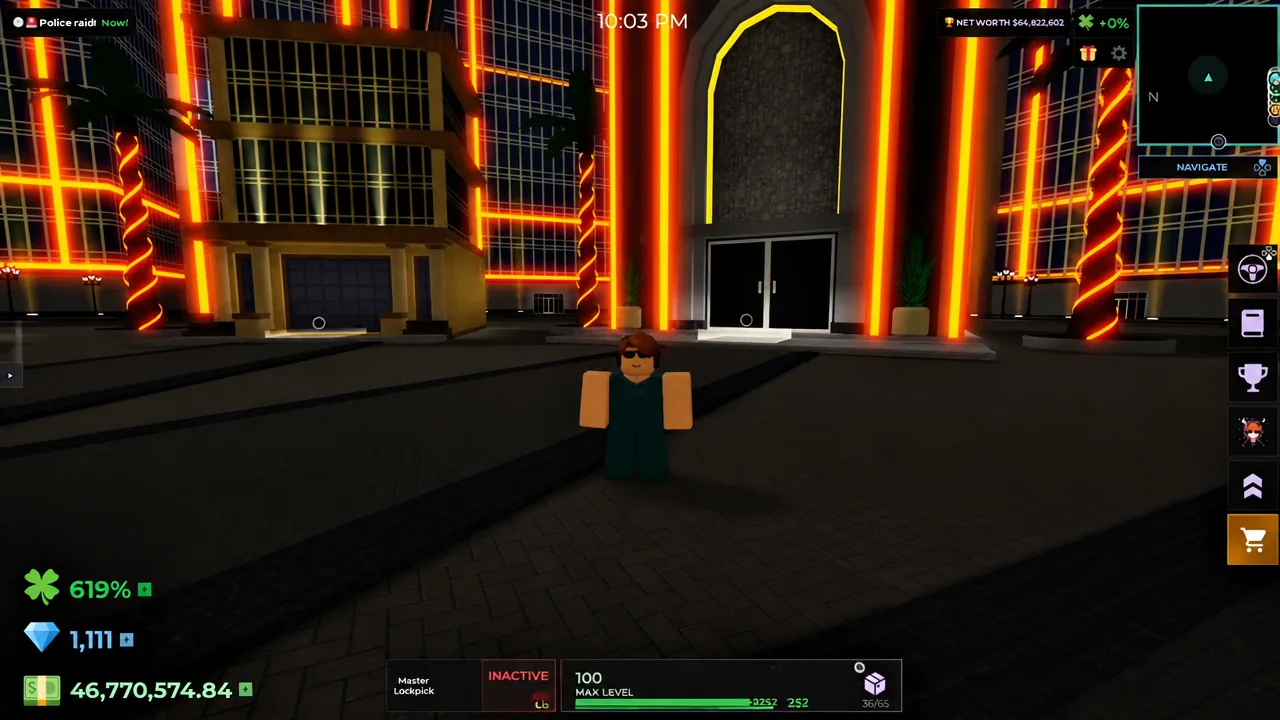 Avatar outside a neon building with the Navigate minimap and status HUD on screen