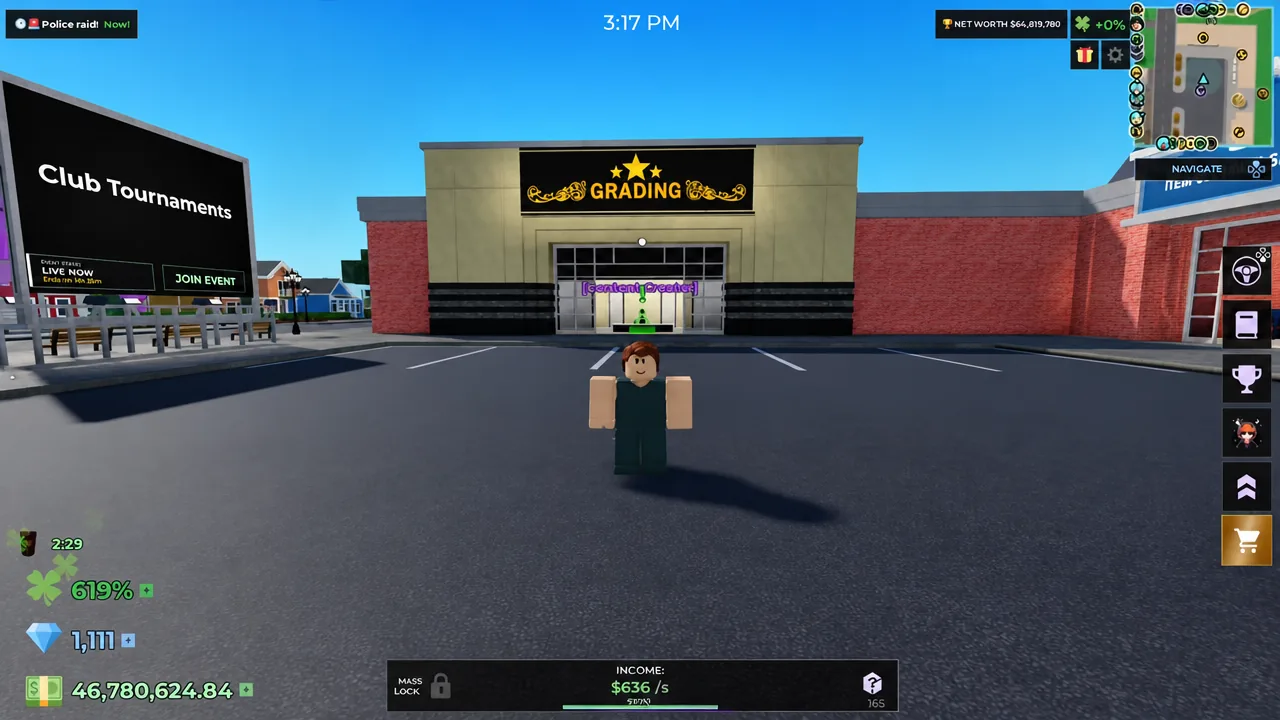Player approaches the Grading venue with a JOIN EVENT prompt on the Club Tournaments billboard