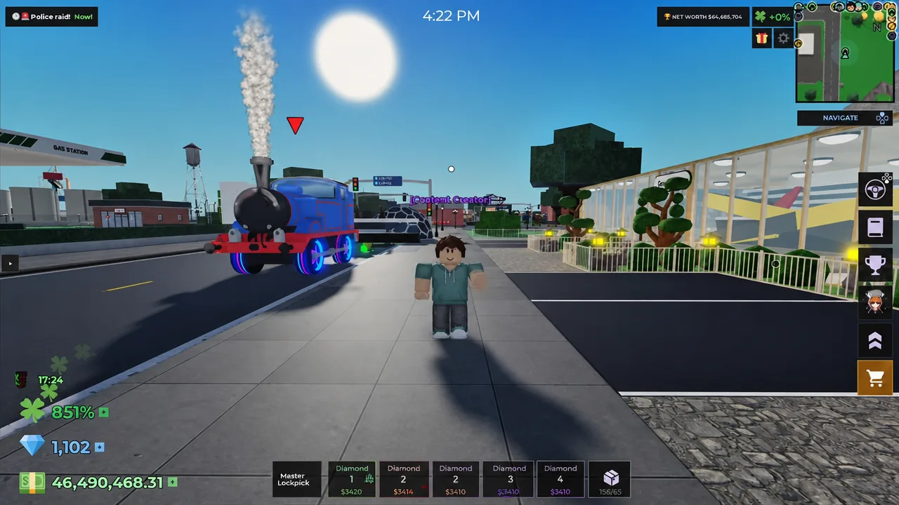 Avatar stands beside a train with the Master Lockpick equipped in the bottom hotbar