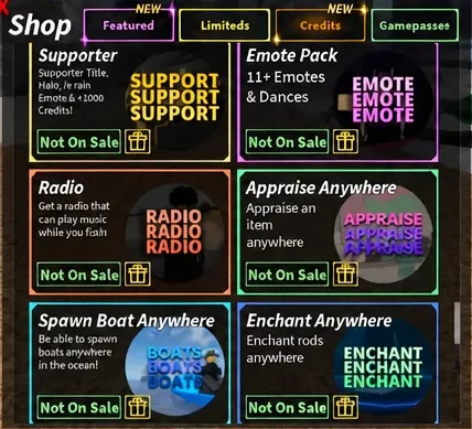 Shop menu with the Featured tab open showing purchasable gamepasses and items