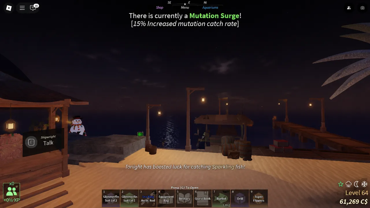 Prompt to talk with an NPC to open a shop menu in a Roblox fishing experience