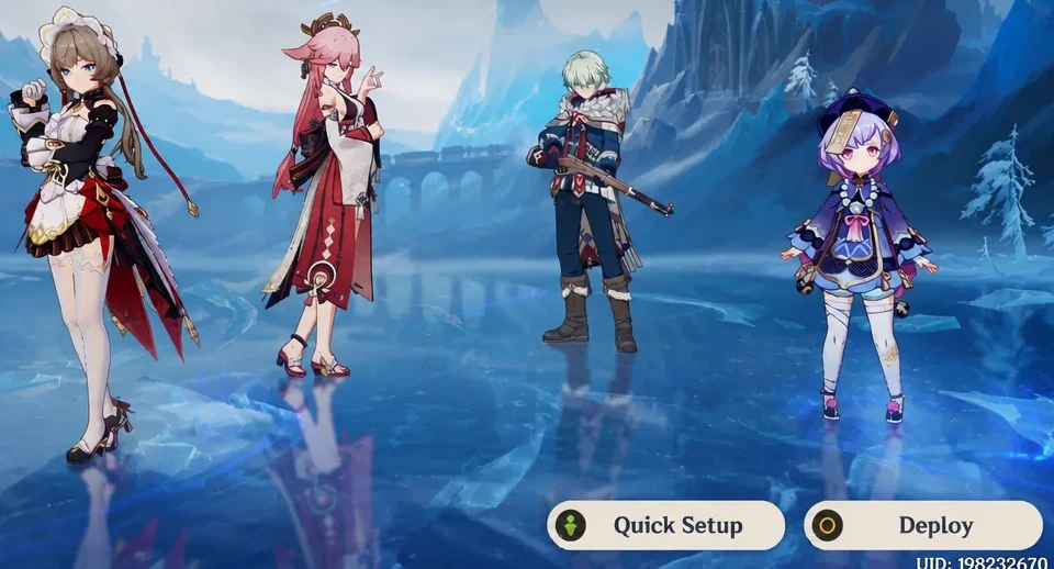 Genshin Impact party setup screen with four characters selected and the Deploy button ready
