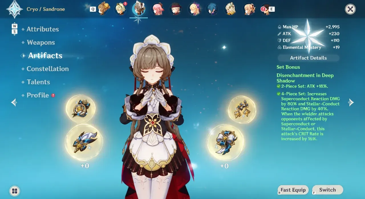 Genshin Impact artifacts menu showing equipped pieces and the active set bonus text