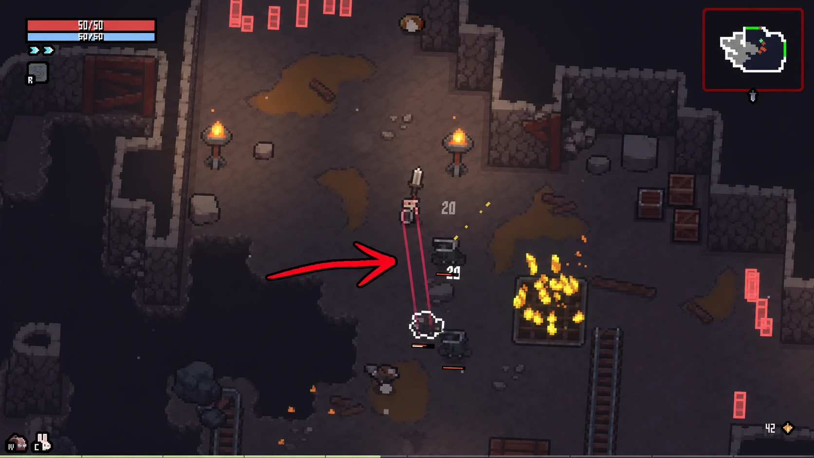 A Sephiria enemy showing its red laser attack indicator before striking