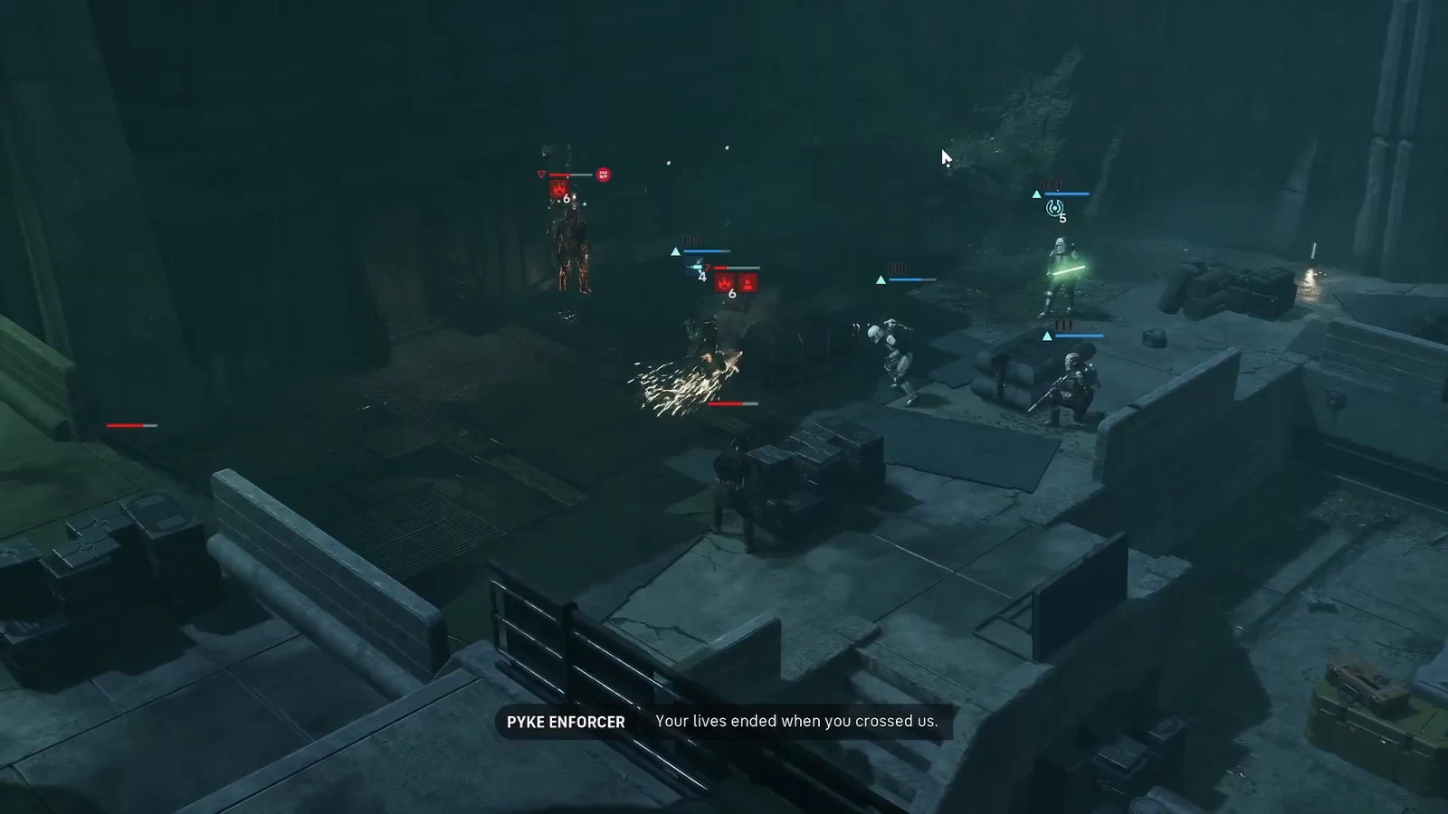 Squad members firing on Pike Enforcers in isometric combat with health bars visible