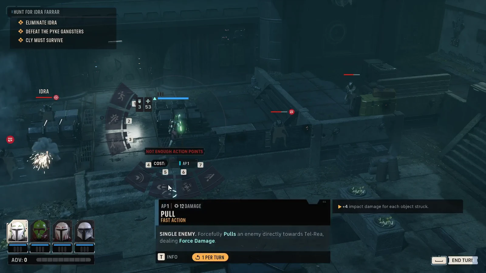 The Pull fast action selected in combat with a not enough action points warning displayed