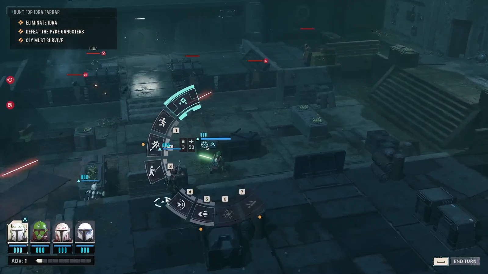 Radial ability wheel open during the Hunt for Idra Farrar mission with Pike gangsters surrounding the squad