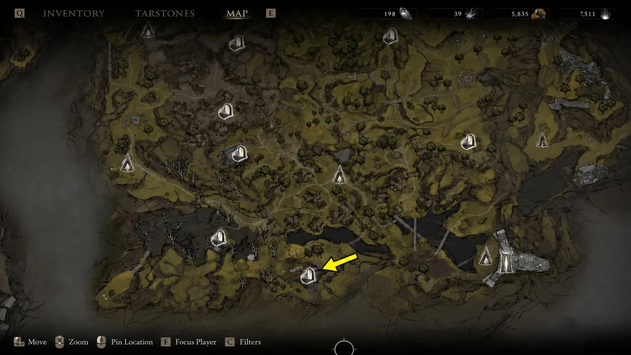 Map marker for Tiel's grave location below Widow's Overlook