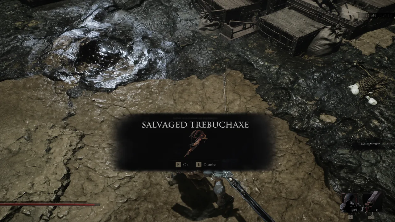 Salvaged Trebuchaxe acquired notification with a prompt to confirm