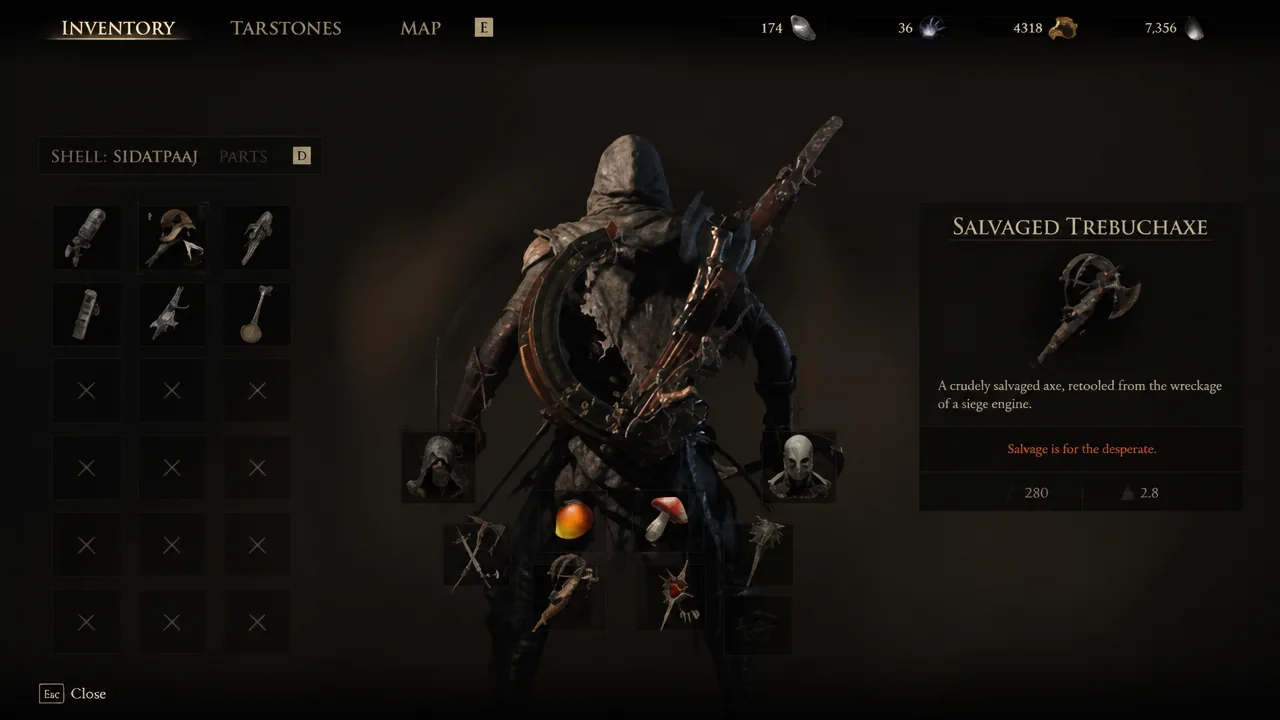 Inventory screen highlighting the Salvaged Trebuchaxe with its details