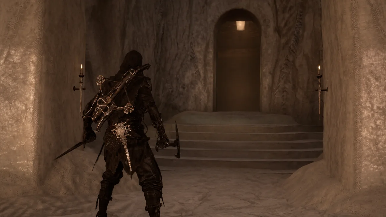 Hooded player character climbing a stone staircase toward an arched doorway