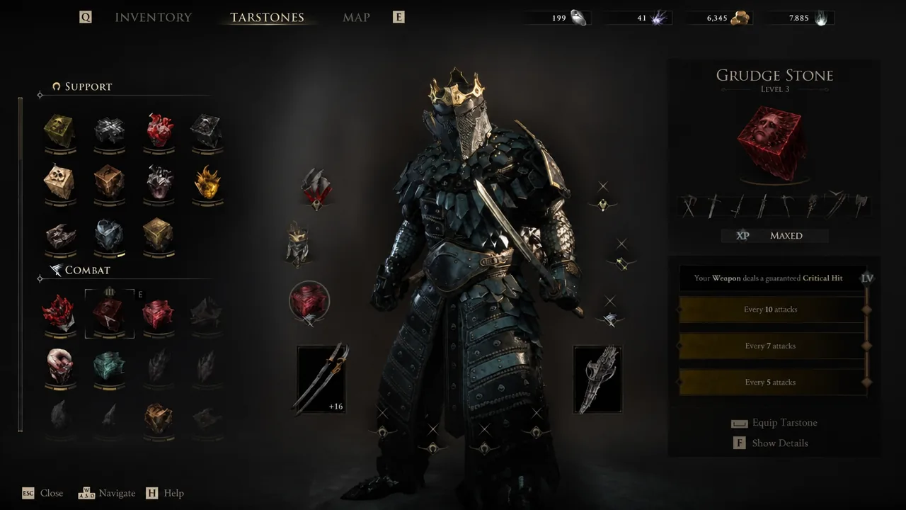Grudge Stone Level 3 selected in the Tarstones menu, showing its guaranteed critical-hit interval upgrades