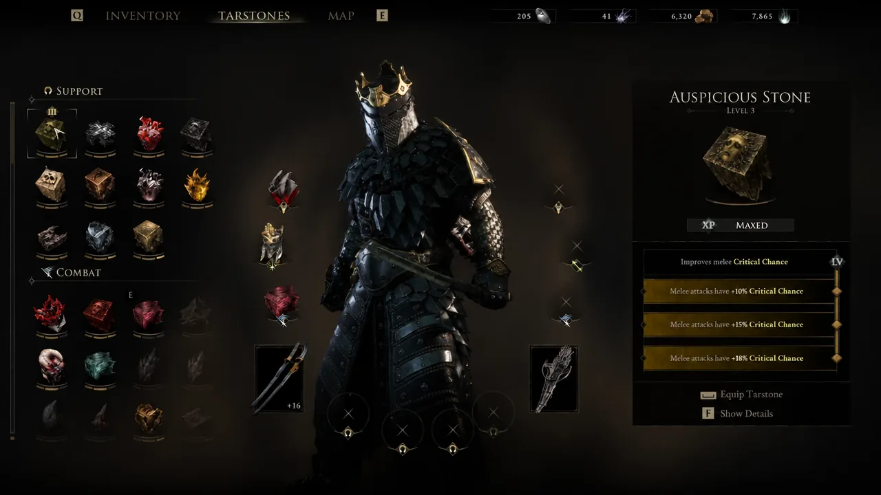 Tarstones menu showing the Level 3 Auspicious Stone and its maxed melee Critical Chance bonus