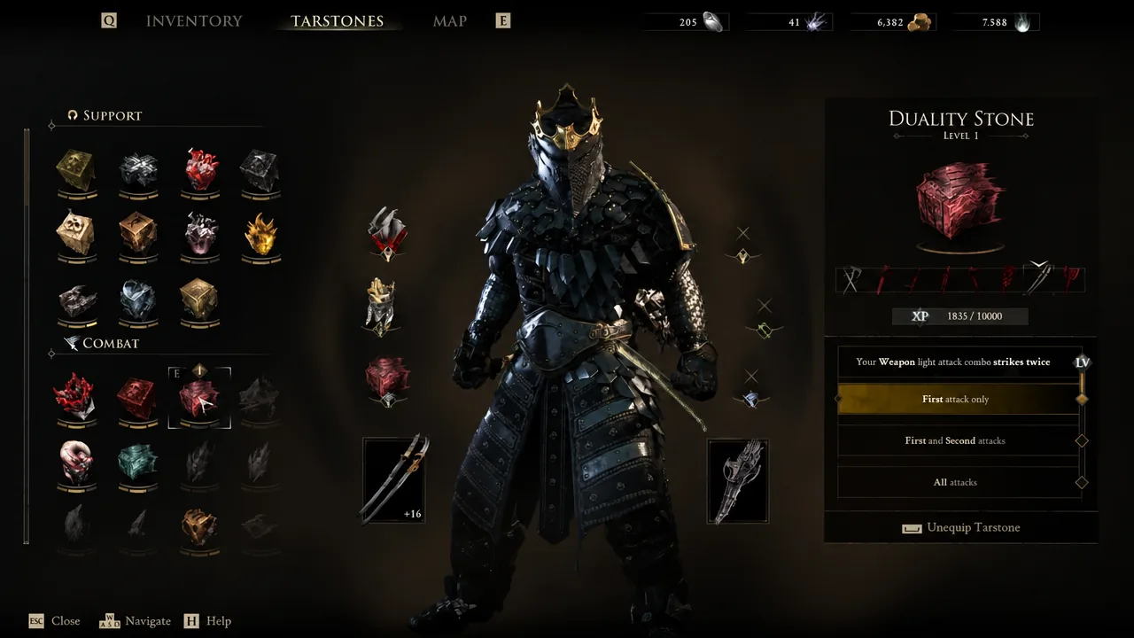 Duality Stone Level 1 equipped, with its light-attack combo effect set to first attack only