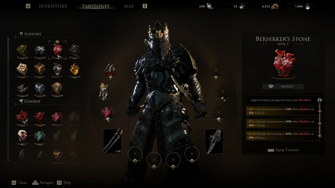 Berserker's Stone selected in the inventory, showing its maxed Level 3 low-health damage effect