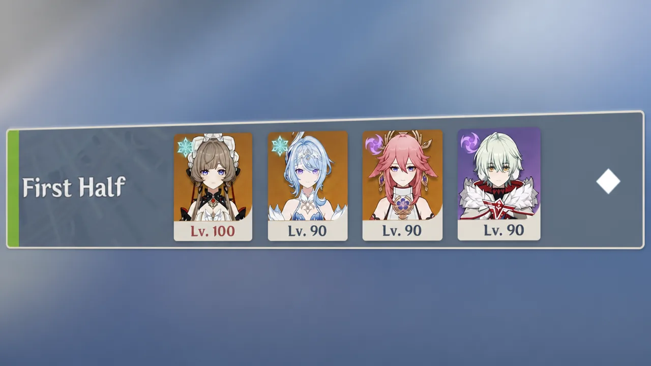 First half team setup showing four selected character cards