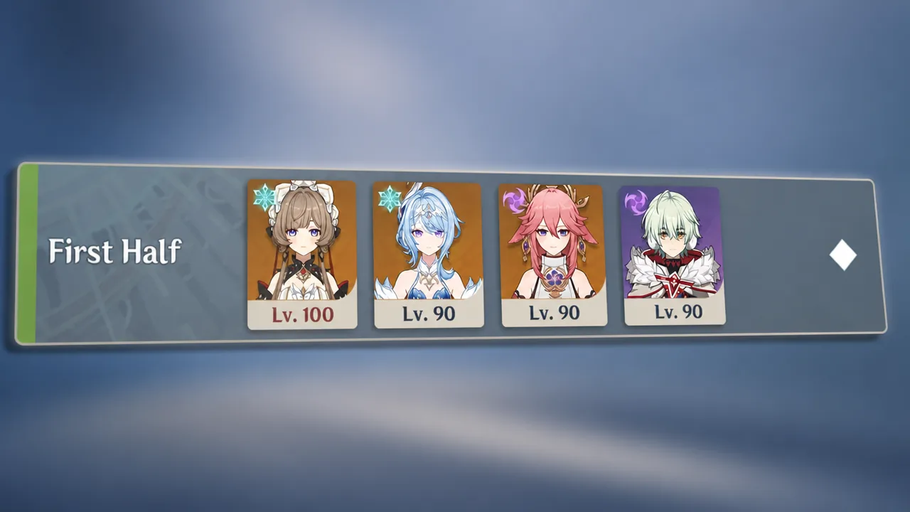 First half lineup screen showing four selected character cards