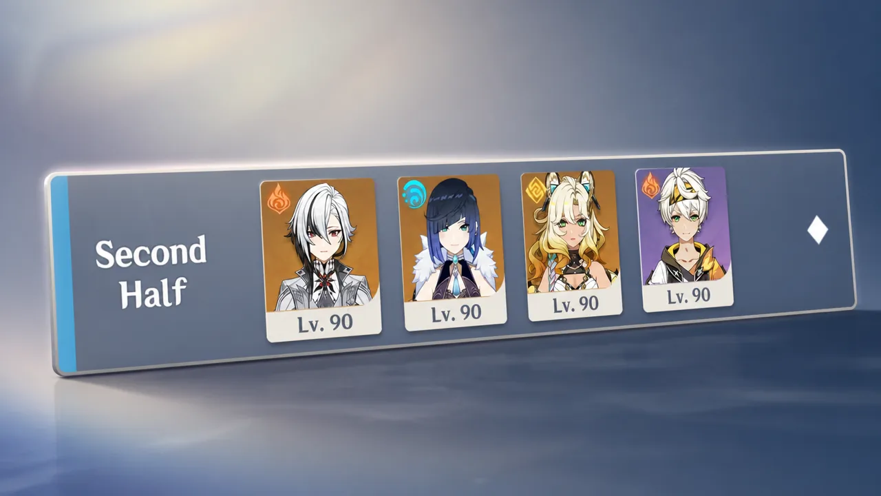 Second half team screen with four selected Level 90 character cards