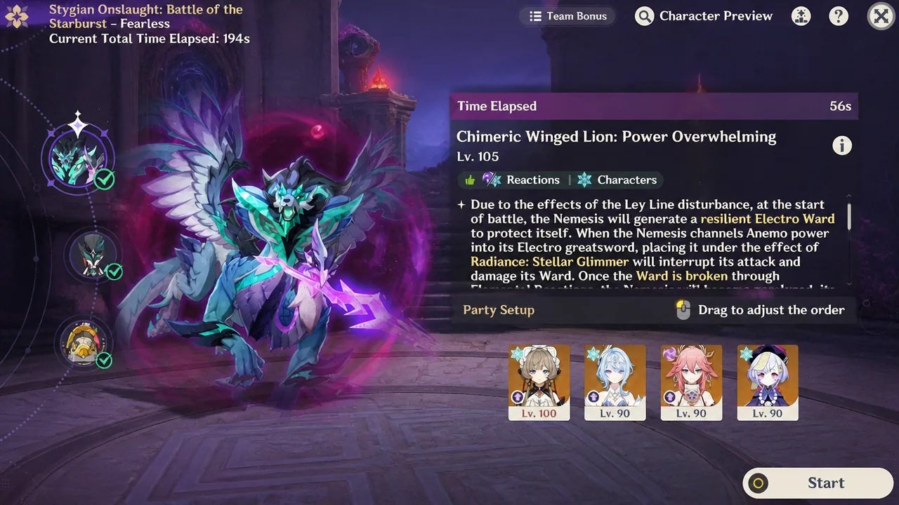 Party Setup screen with character cards being dragged into a new order before starting the fight