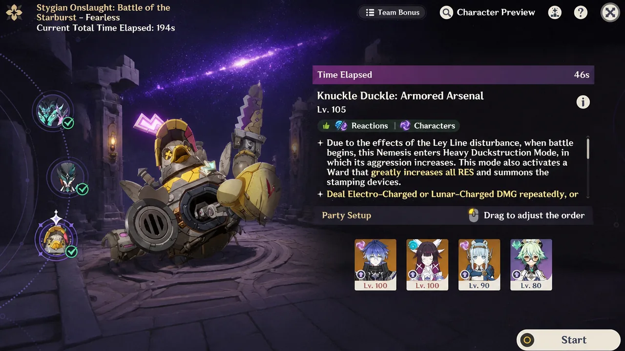 Stygian Onslaught Fearless difficulty party setup with the Knuckle Duckle stage selected