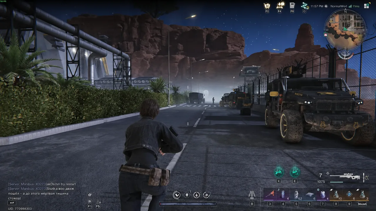 Player crouch-walking with a sniper rifle equipped along the facility road