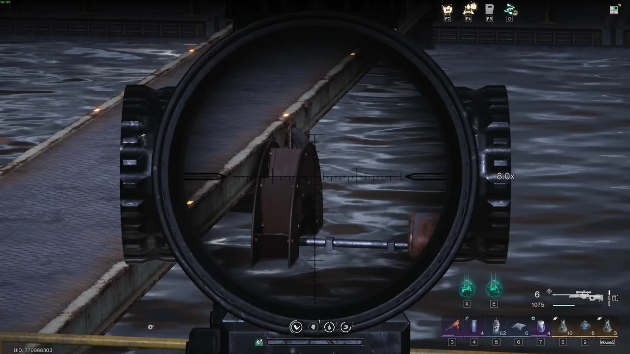 Sniper scope at 8.0x zoom aiming at a generator over the water basin