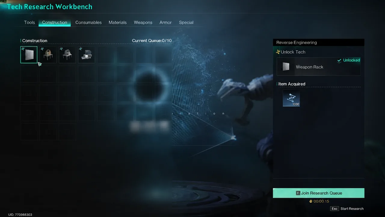 Tech Research Workbench Construction tab with Weapon Rack selected and the research queue button ready