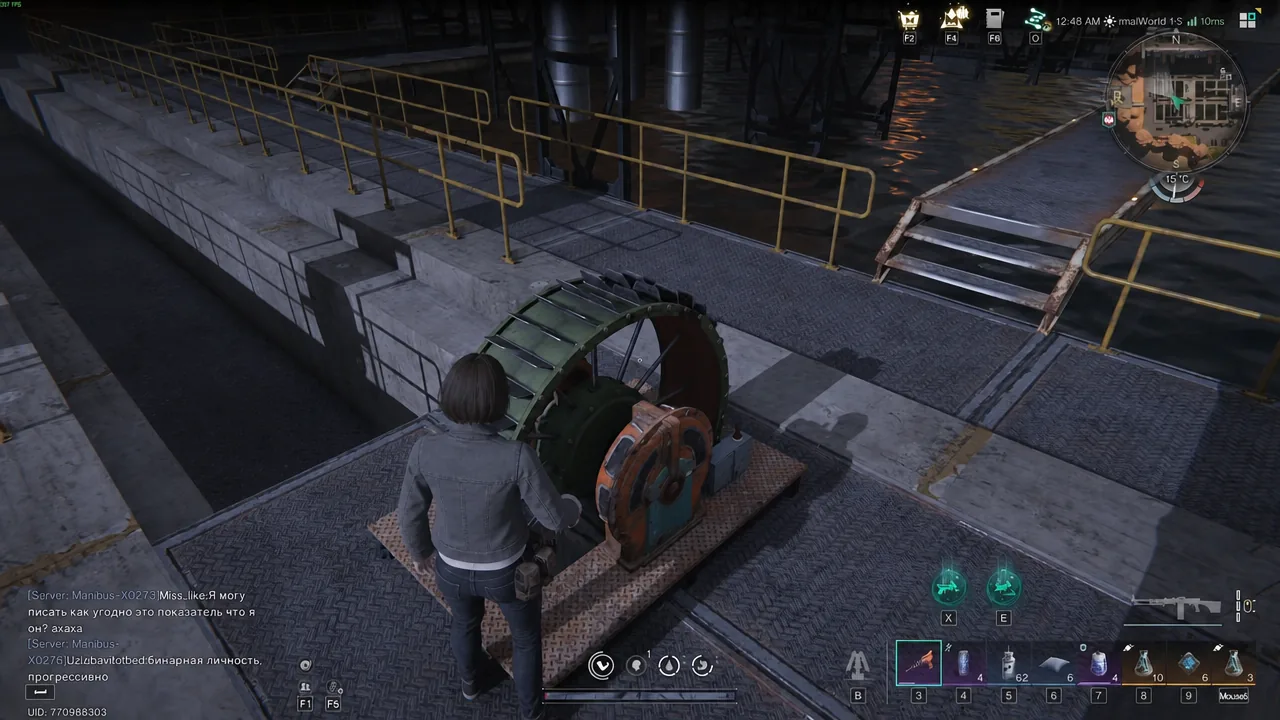 Hotbar slot 3 highlighted next to a large industrial generator ready to recycle
