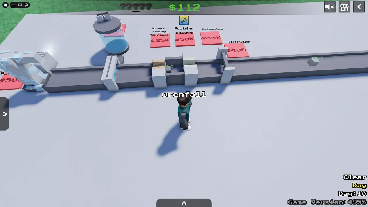 Factory floor with the Polisher Squared upgrade and its price sign near the conveyor