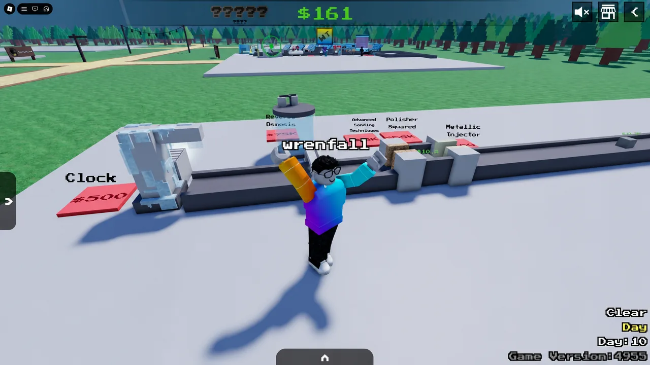 Clock purchase pad highlighted at the tycoon counter with other upgrade options nearby