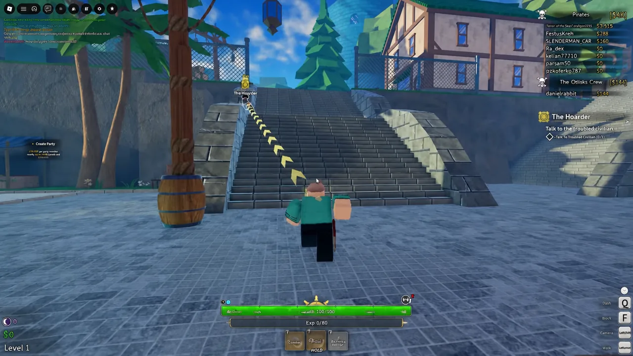 Quest tracker showing The Hoarder objective with yellow arrows pointing up a staircase
